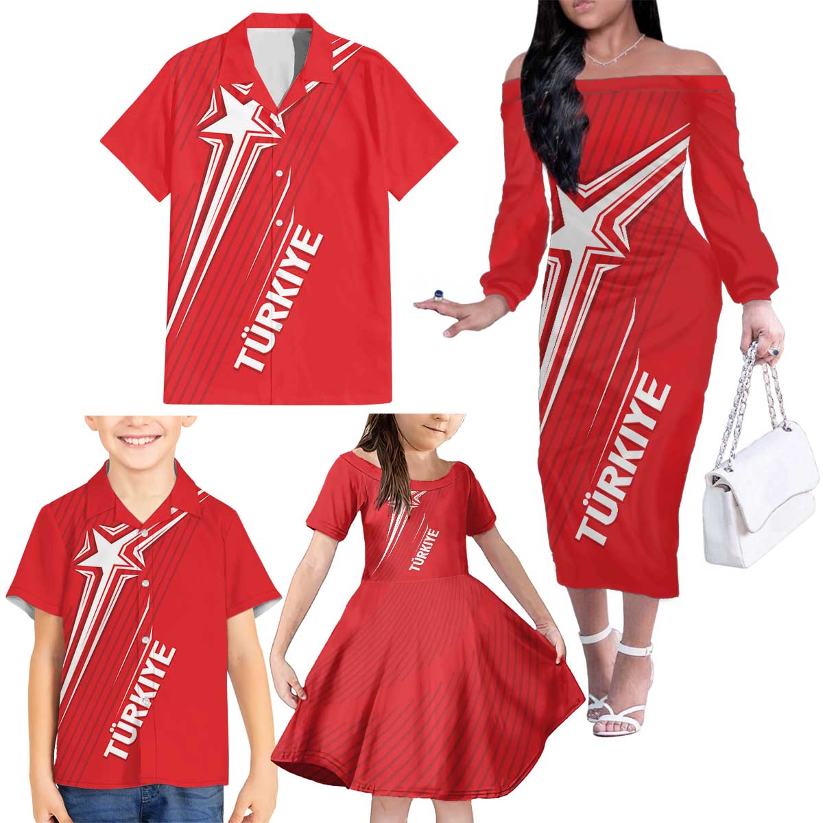 Turkiye Football 2024 Custom Family Matching Off The Shoulder Long Sleeve Dress and Hawaiian Shirt Crescent-Stars Basic Style - Wonder Print Shop