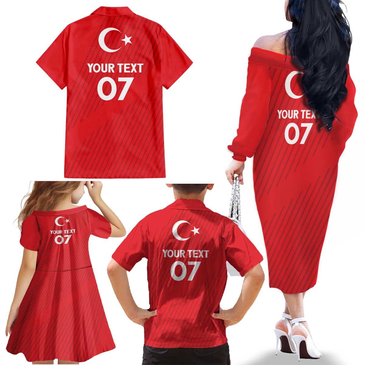 Turkiye Football 2024 Custom Family Matching Off The Shoulder Long Sleeve Dress and Hawaiian Shirt Crescent-Stars Basic Style - Wonder Print Shop