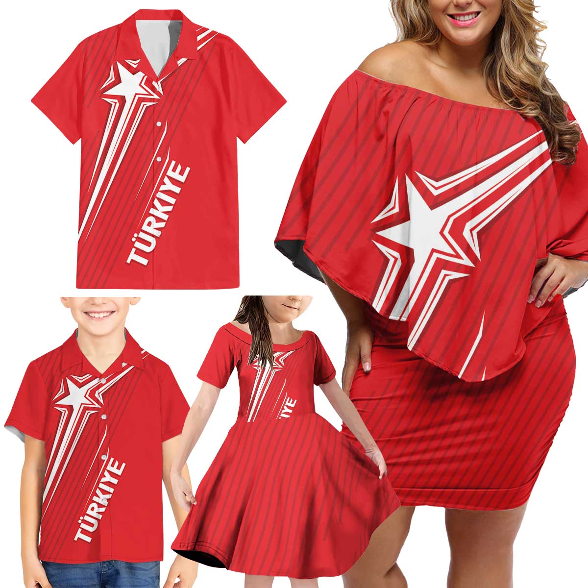 Turkiye Football 2024 Custom Family Matching Off Shoulder Short Dress and Hawaiian Shirt Crescent-Stars Basic Style LT7 - Wonder Print Shop