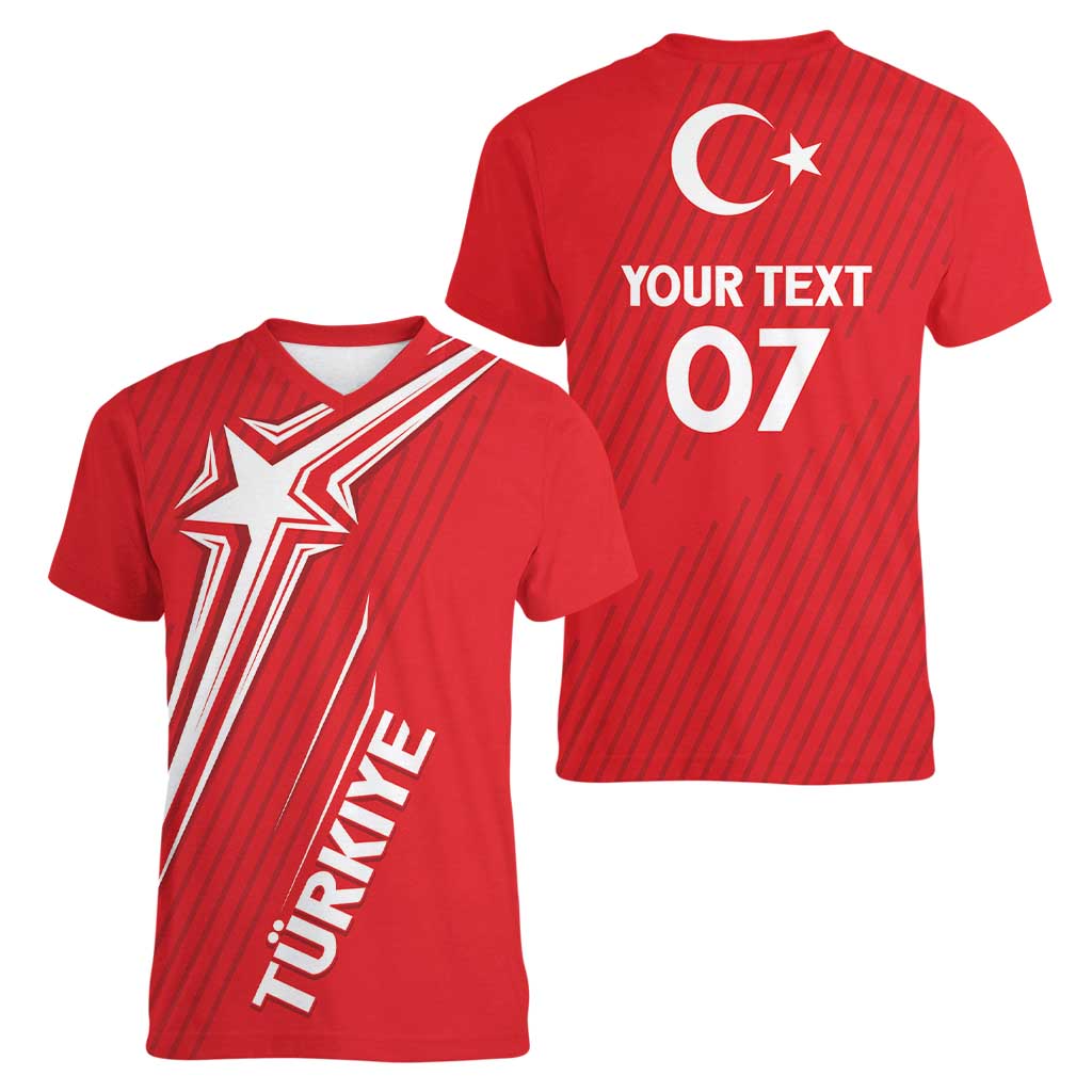 Turkiye Football 2024 Custom Women V-Neck T-Shirt Crescent-Stars Basic Style - Wonder Print Shop