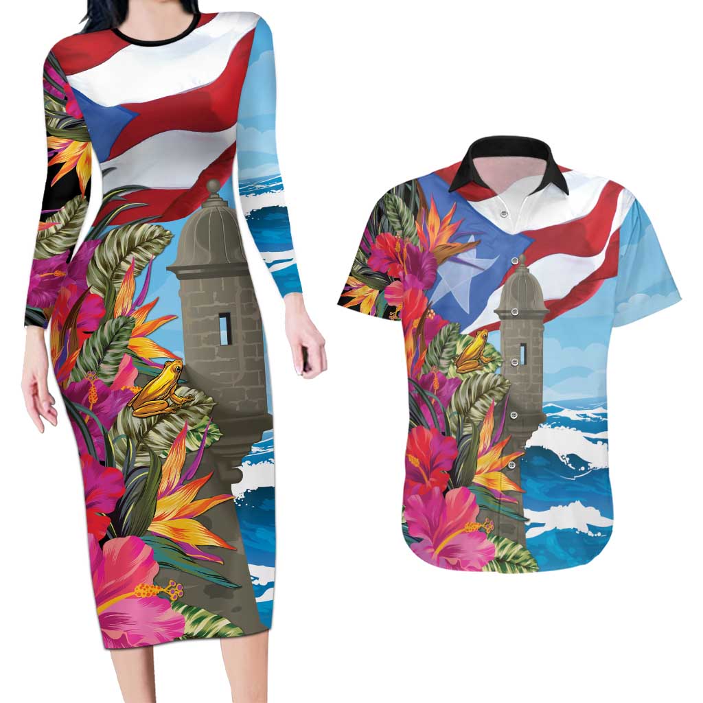 Puerto Rico El Morro Couples Matching Long Sleeve Bodycon Dress and Hawaiian Shirt Boriken Seascape - Wonder Print Shop
