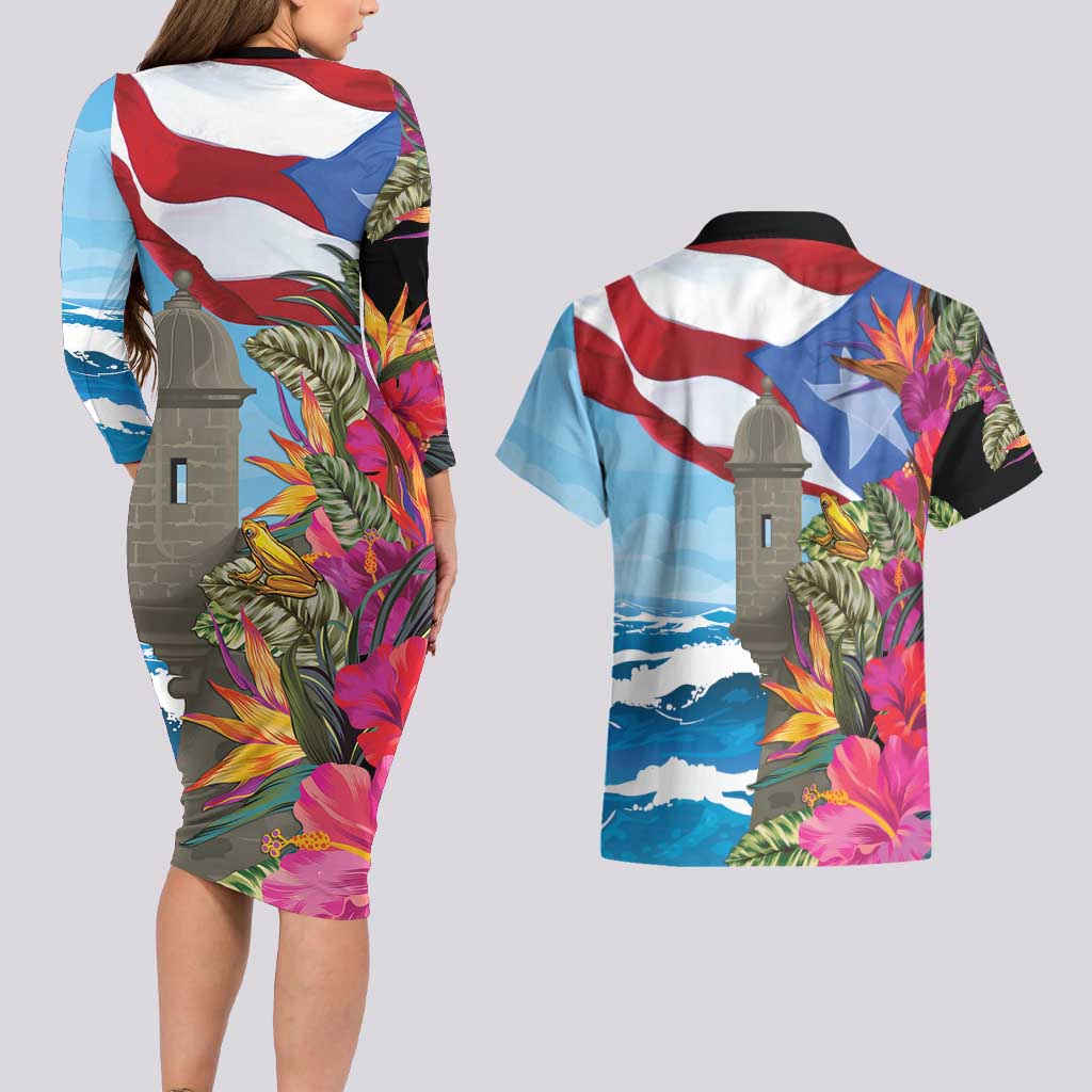 Puerto Rico El Morro Couples Matching Long Sleeve Bodycon Dress and Hawaiian Shirt Boriken Seascape - Wonder Print Shop