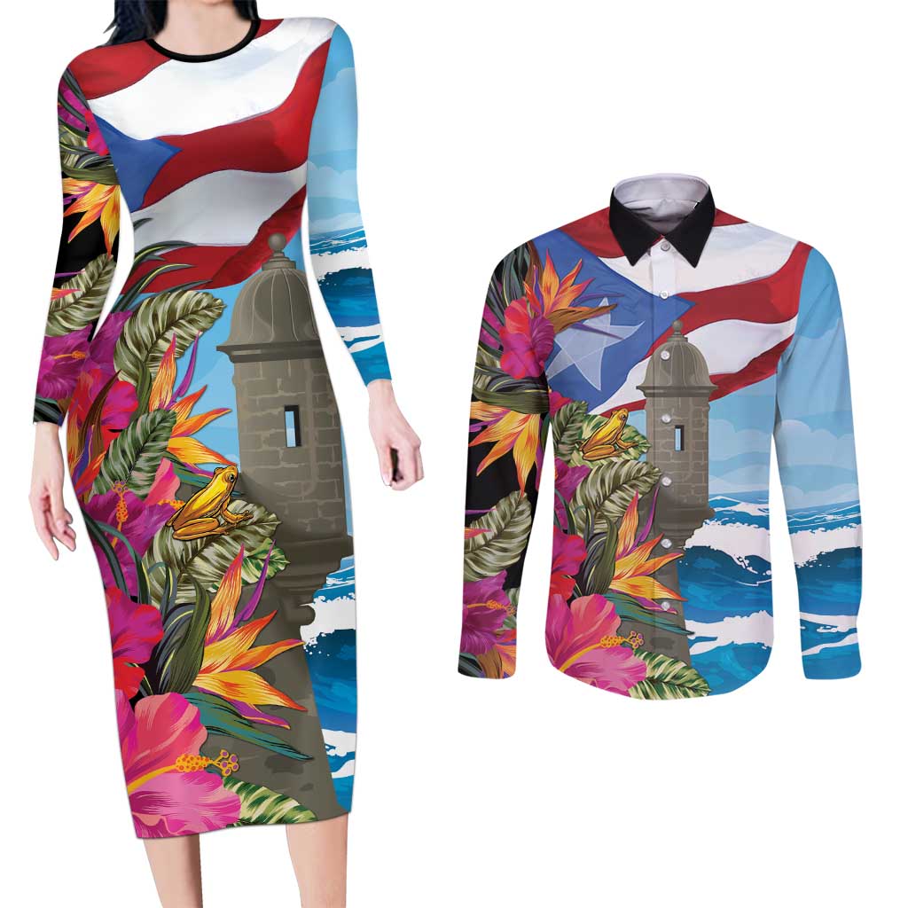 Puerto Rico El Morro Couples Matching Long Sleeve Bodycon Dress and Long Sleeve Button Shirt Boriken Seascape - Wonder Print Shop