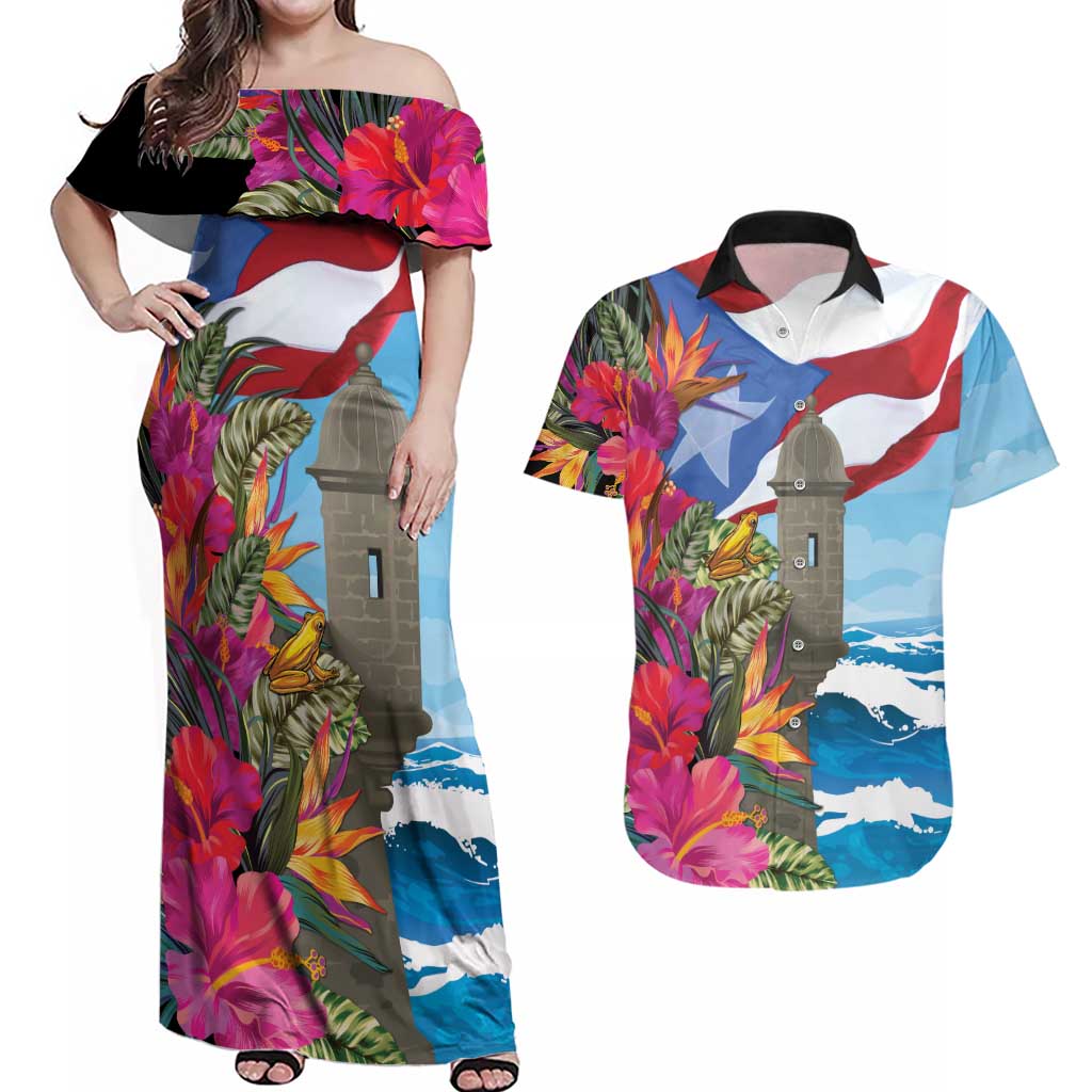 Puerto Rico El Morro Couples Matching Off Shoulder Maxi Dress and Hawaiian Shirt Boriken Seascape - Wonder Print Shop