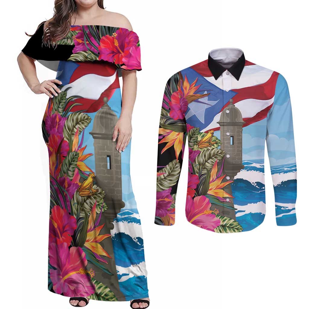 Puerto Rico El Morro Couples Matching Off Shoulder Maxi Dress and Long Sleeve Button Shirt Boriken Seascape - Wonder Print Shop