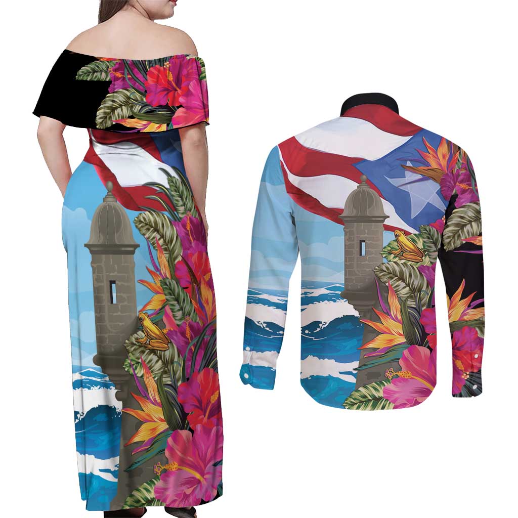 Puerto Rico El Morro Couples Matching Off Shoulder Maxi Dress and Long Sleeve Button Shirt Boriken Seascape - Wonder Print Shop