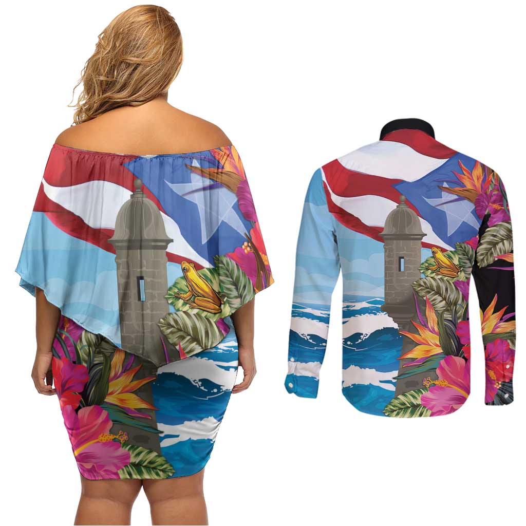 Puerto Rico El Morro Couples Matching Off Shoulder Short Dress and Long Sleeve Button Shirt Boriken Seascape - Wonder Print Shop