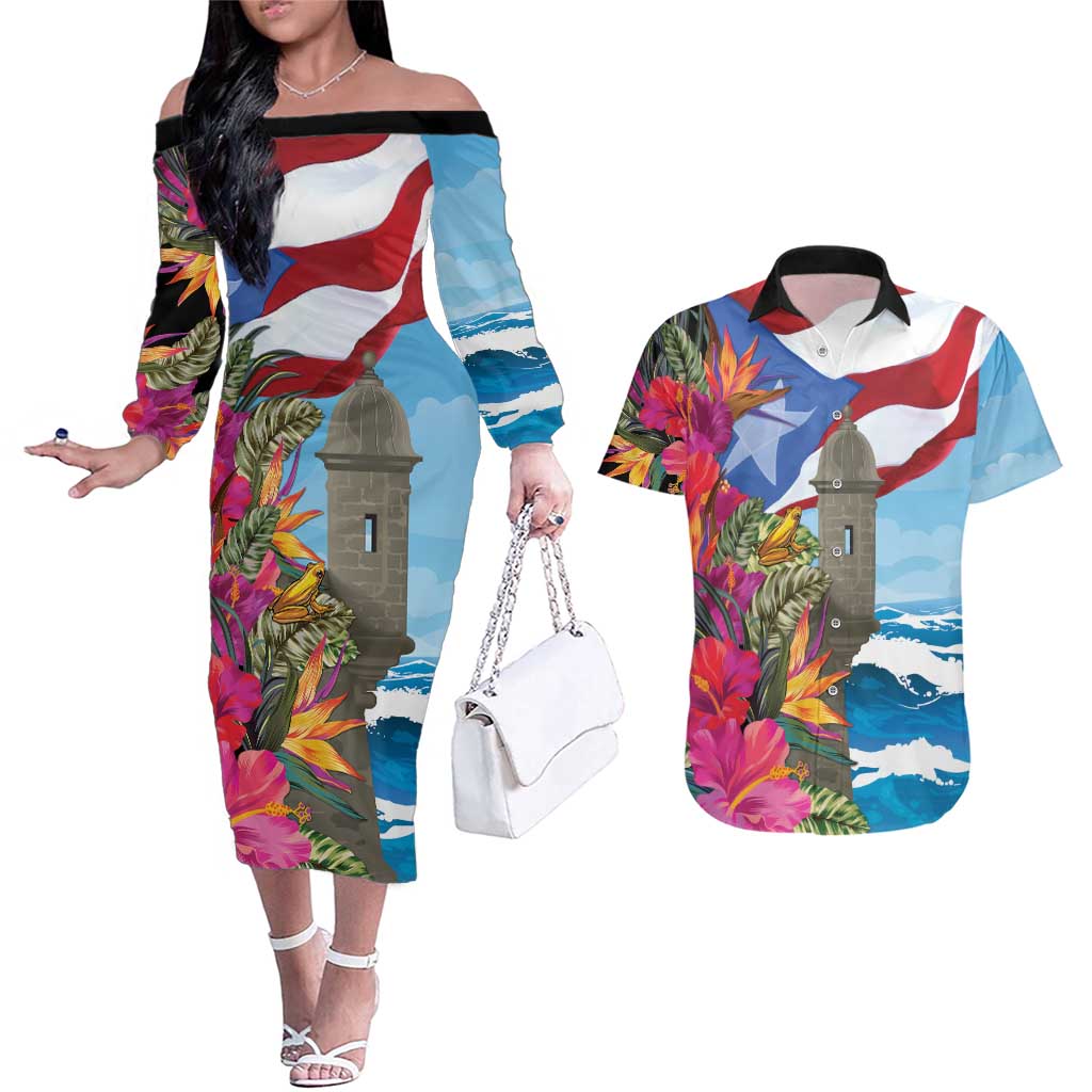 Puerto Rico El Morro Couples Matching Off The Shoulder Long Sleeve Dress and Hawaiian Shirt Boriken Seascape - Wonder Print Shop