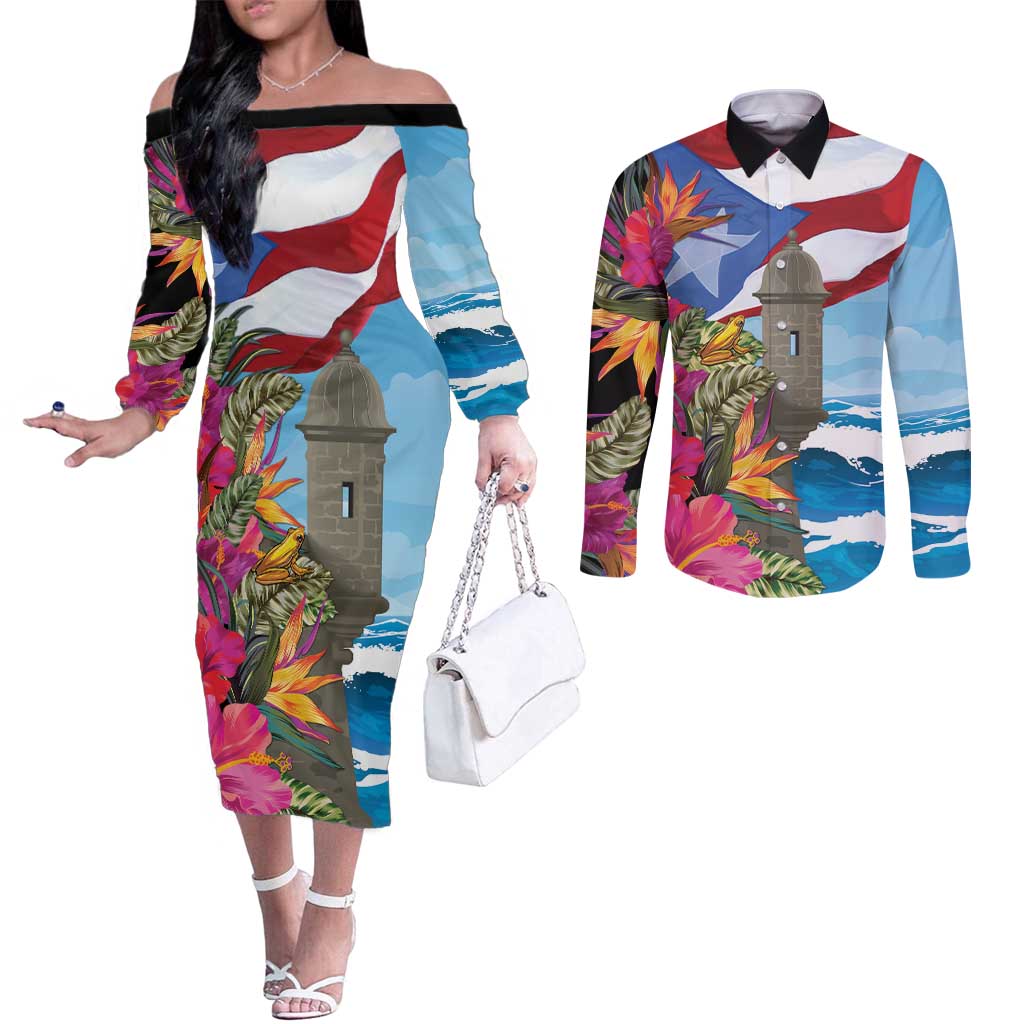 Puerto Rico El Morro Couples Matching Off The Shoulder Long Sleeve Dress and Long Sleeve Button Shirt Boriken Seascape - Wonder Print Shop