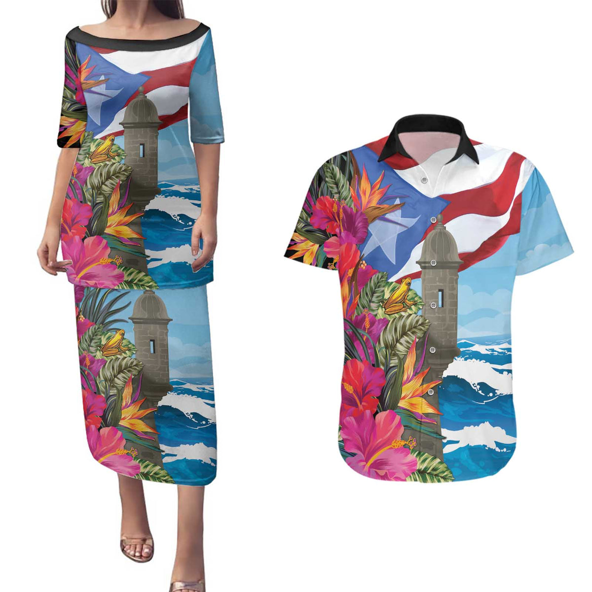 Puerto Rico El Morro Couples Matching Puletasi and Hawaiian Shirt Boriken Seascape - Wonder Print Shop