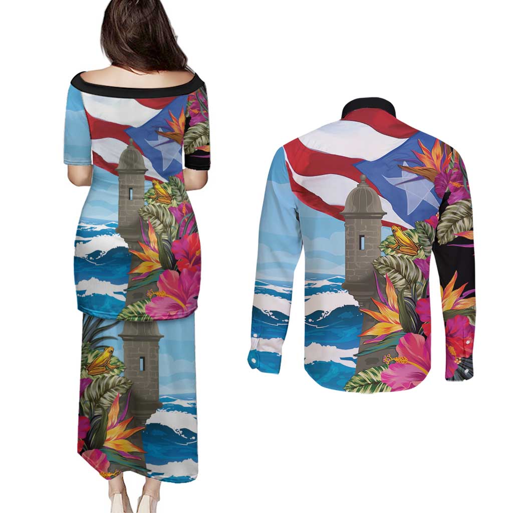 Puerto Rico El Morro Couples Matching Puletasi and Long Sleeve Button Shirt Boriken Seascape - Wonder Print Shop