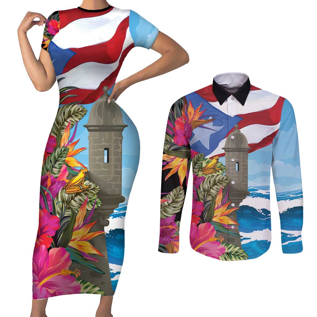 Puerto Rico El Morro Couples Matching Short Sleeve Bodycon Dress and Long Sleeve Button Shirt Boriken Seascape - Wonder Print Shop