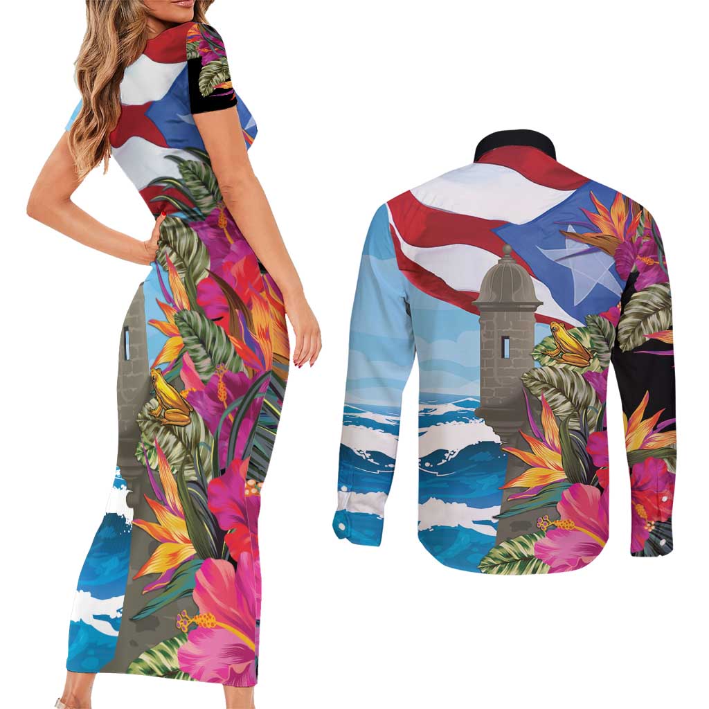 Puerto Rico El Morro Couples Matching Short Sleeve Bodycon Dress and Long Sleeve Button Shirt Boriken Seascape - Wonder Print Shop