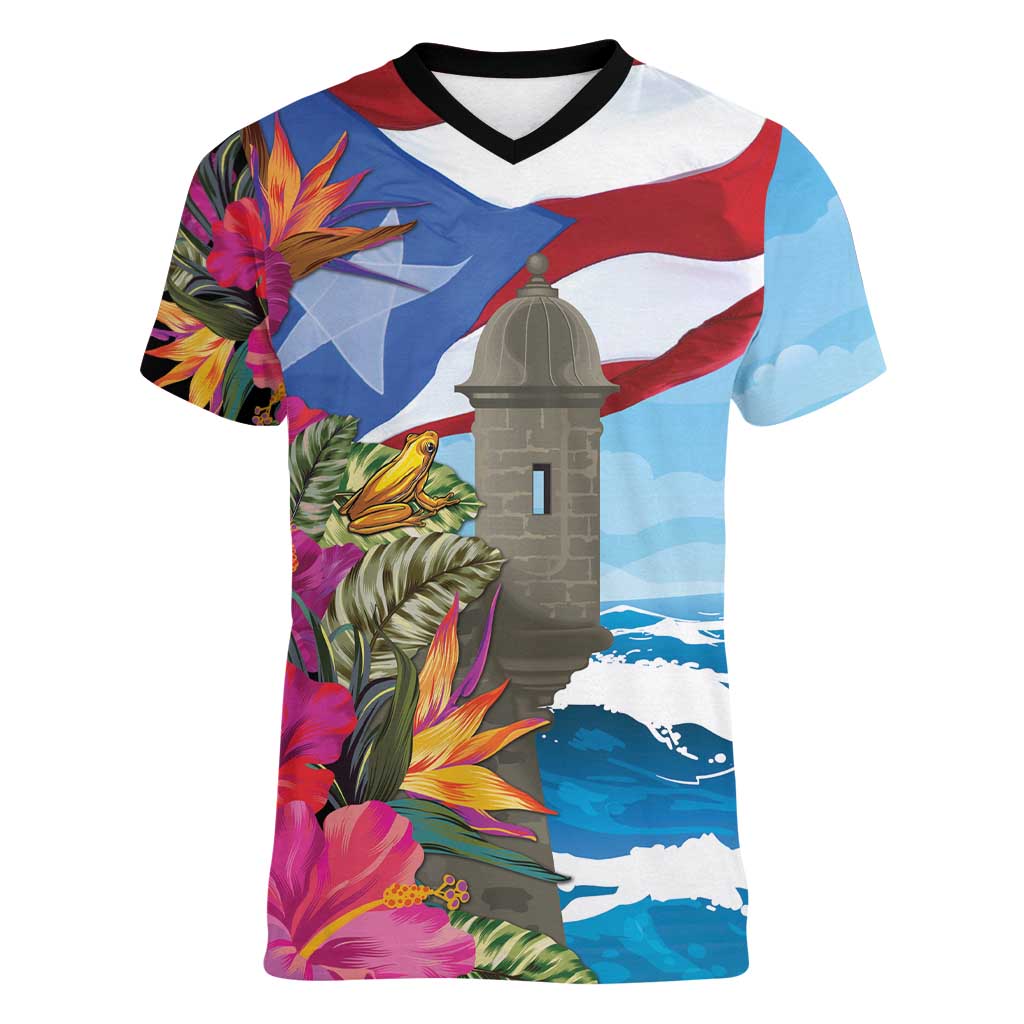 Puerto Rico El Morro Women V-Neck T-Shirt Boriken Seascape - Wonder Print Shop