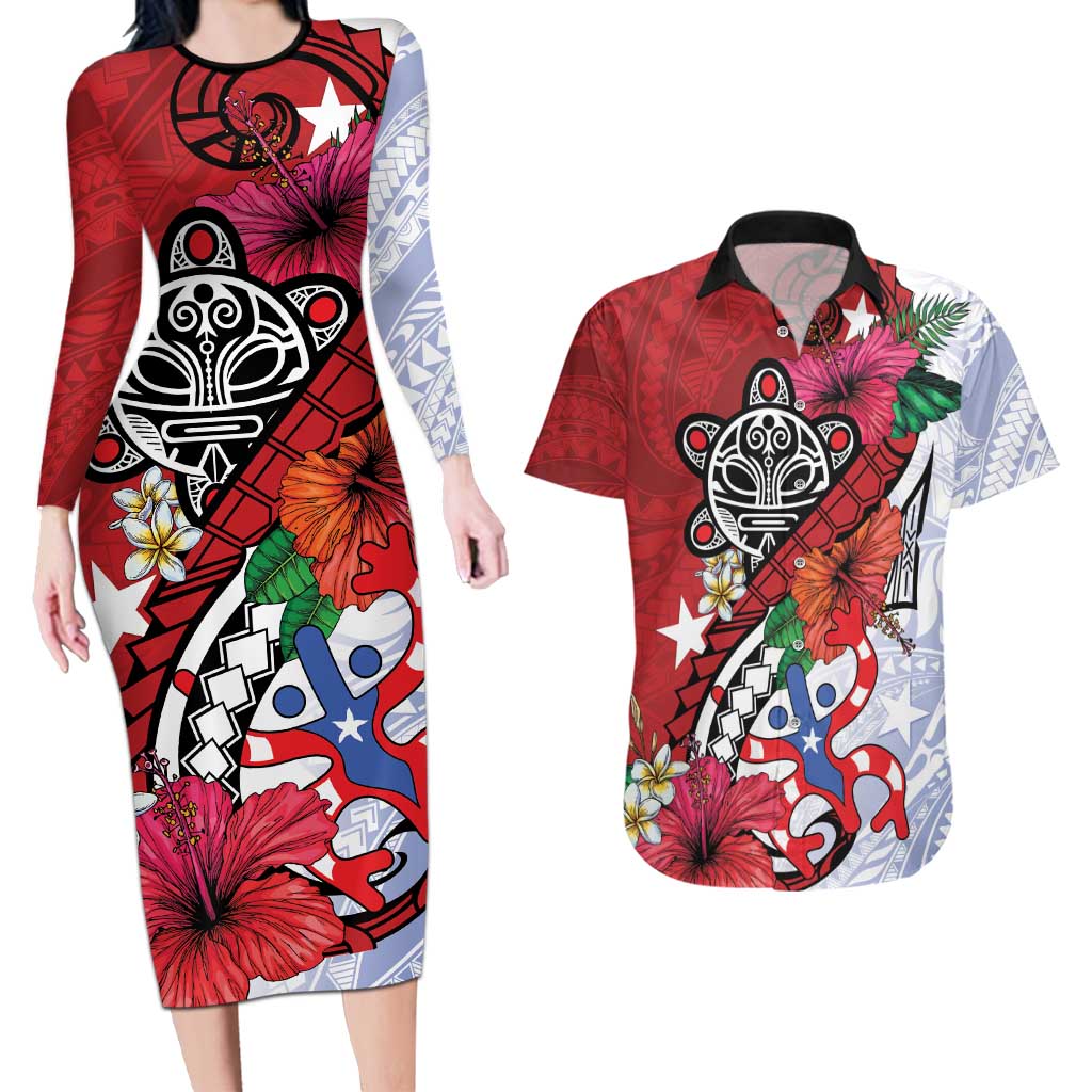 Puerto Rico Boricua Couples Matching Long Sleeve Bodycon Dress and Hawaiian Shirt Taino - Polynesia Tribal Mix - Wonder Print Shop