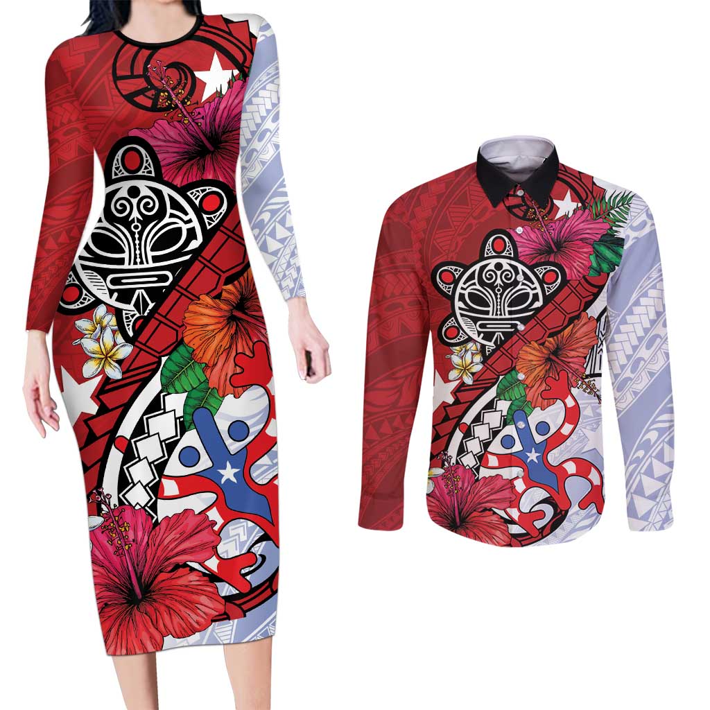 Puerto Rico Boricua Couples Matching Long Sleeve Bodycon Dress and Long Sleeve Button Shirt Taino - Polynesia Tribal Mix - Wonder Print Shop