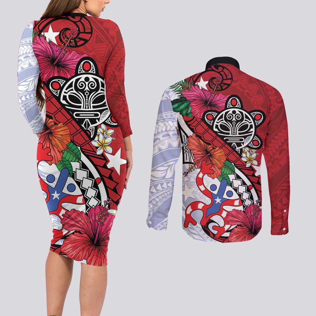 Puerto Rico Boricua Couples Matching Long Sleeve Bodycon Dress and Long Sleeve Button Shirt Taino - Polynesia Tribal Mix - Wonder Print Shop