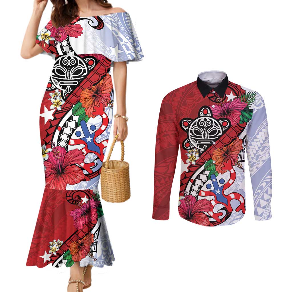 Puerto Rico Boricua Couples Matching Mermaid Dress and Long Sleeve Button Shirt Taino - Polynesia Tribal Mix - Wonder Print Shop