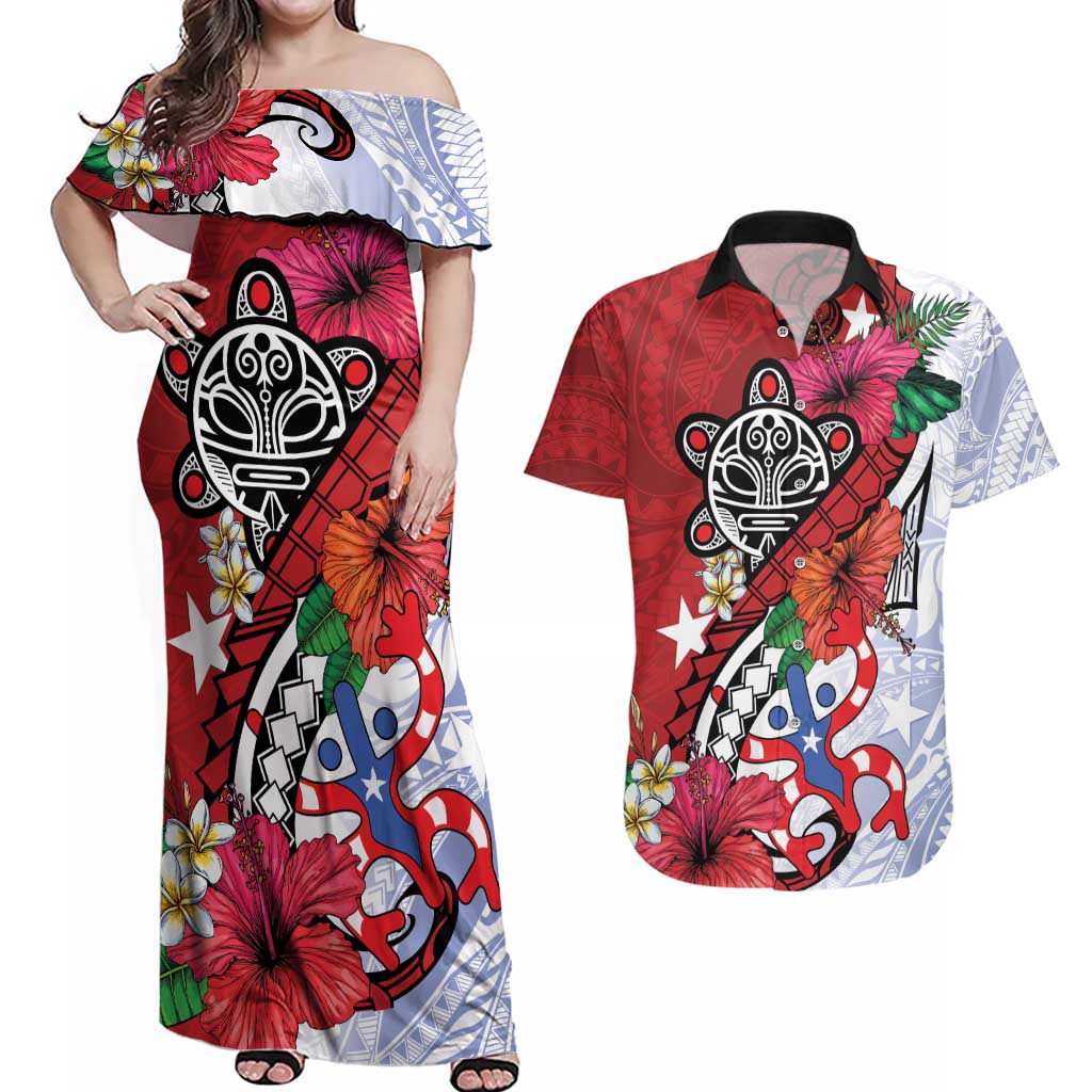 Puerto Rico Boricua Couples Matching Off Shoulder Maxi Dress and Hawaiian Shirt Taino - Polynesia Tribal Mix - Wonder Print Shop
