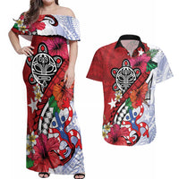 Puerto Rico Boricua Couples Matching Off Shoulder Maxi Dress and Hawaiian Shirt Taino - Polynesia Tribal Mix - Wonder Print Shop