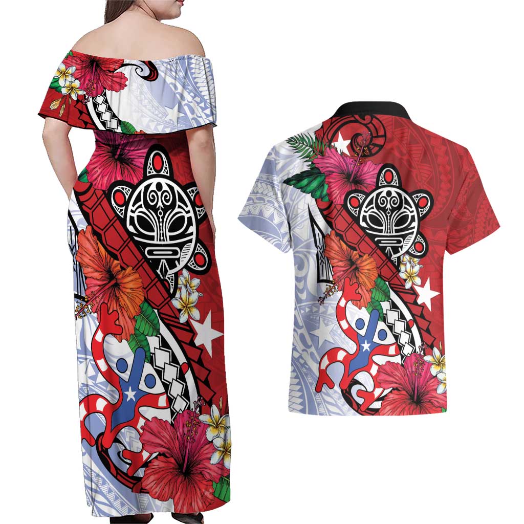 Puerto Rico Boricua Couples Matching Off Shoulder Maxi Dress and Hawaiian Shirt Taino - Polynesia Tribal Mix - Wonder Print Shop