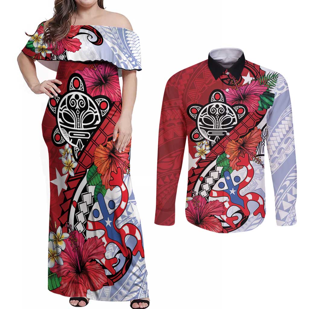 Puerto Rico Boricua Couples Matching Off Shoulder Maxi Dress and Long Sleeve Button Shirt Taino - Polynesia Tribal Mix - Wonder Print Shop