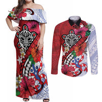 Puerto Rico Boricua Couples Matching Off Shoulder Maxi Dress and Long Sleeve Button Shirt Taino - Polynesia Tribal Mix - Wonder Print Shop