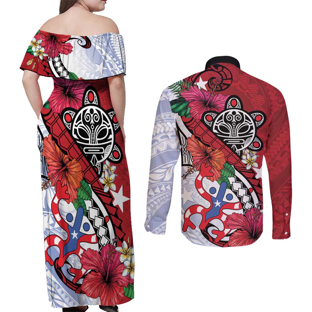 Puerto Rico Boricua Couples Matching Off Shoulder Maxi Dress and Long Sleeve Button Shirt Taino - Polynesia Tribal Mix - Wonder Print Shop