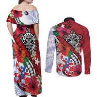 Puerto Rico Boricua Couples Matching Off Shoulder Maxi Dress and Long Sleeve Button Shirt Taino - Polynesia Tribal Mix - Wonder Print Shop