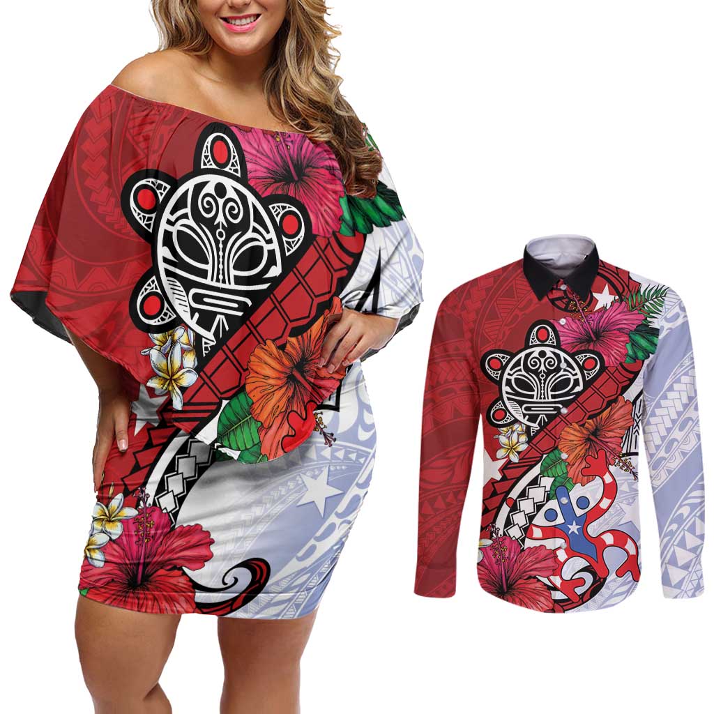 Puerto Rico Boricua Couples Matching Off Shoulder Short Dress and Long Sleeve Button Shirt Taino - Polynesia Tribal Mix - Wonder Print Shop