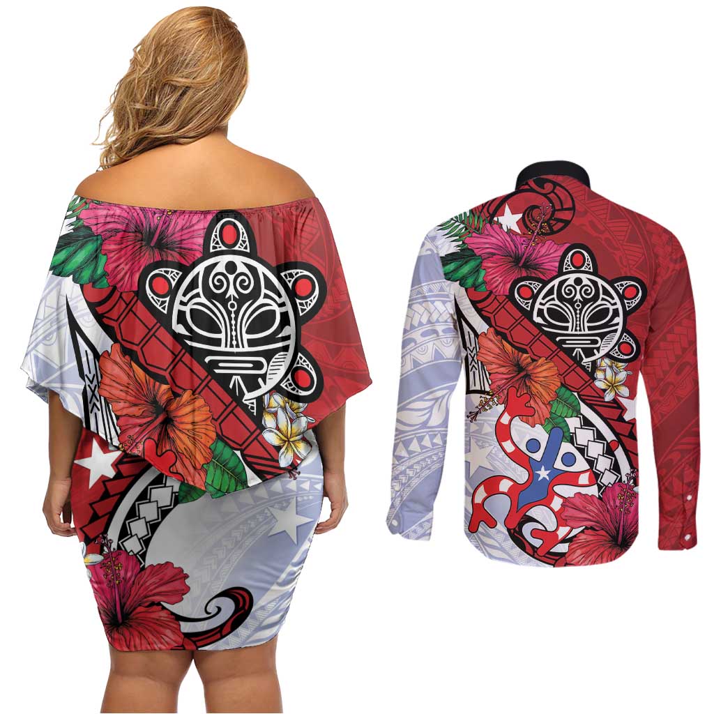 Puerto Rico Boricua Couples Matching Off Shoulder Short Dress and Long Sleeve Button Shirt Taino - Polynesia Tribal Mix - Wonder Print Shop