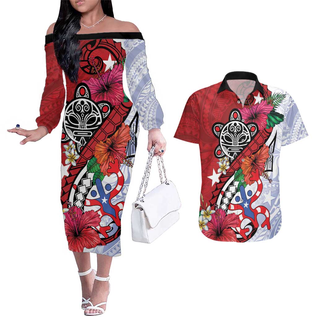 Puerto Rico Boricua Couples Matching Off The Shoulder Long Sleeve Dress and Hawaiian Shirt Taino - Polynesia Tribal Mix - Wonder Print Shop