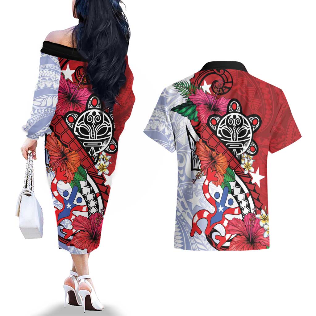 Puerto Rico Boricua Couples Matching Off The Shoulder Long Sleeve Dress and Hawaiian Shirt Taino - Polynesia Tribal Mix - Wonder Print Shop