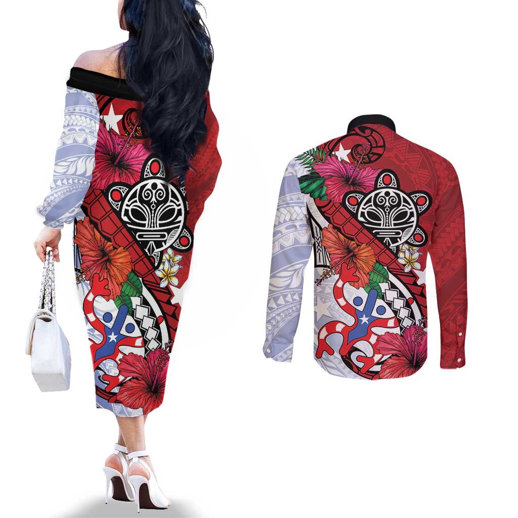 Puerto Rico Boricua Couples Matching Off The Shoulder Long Sleeve Dress and Long Sleeve Button Shirt Taino - Polynesia Tribal Mix - Wonder Print Shop