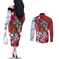 Puerto Rico Boricua Couples Matching Off The Shoulder Long Sleeve Dress and Long Sleeve Button Shirt Taino - Polynesia Tribal Mix - Wonder Print Shop