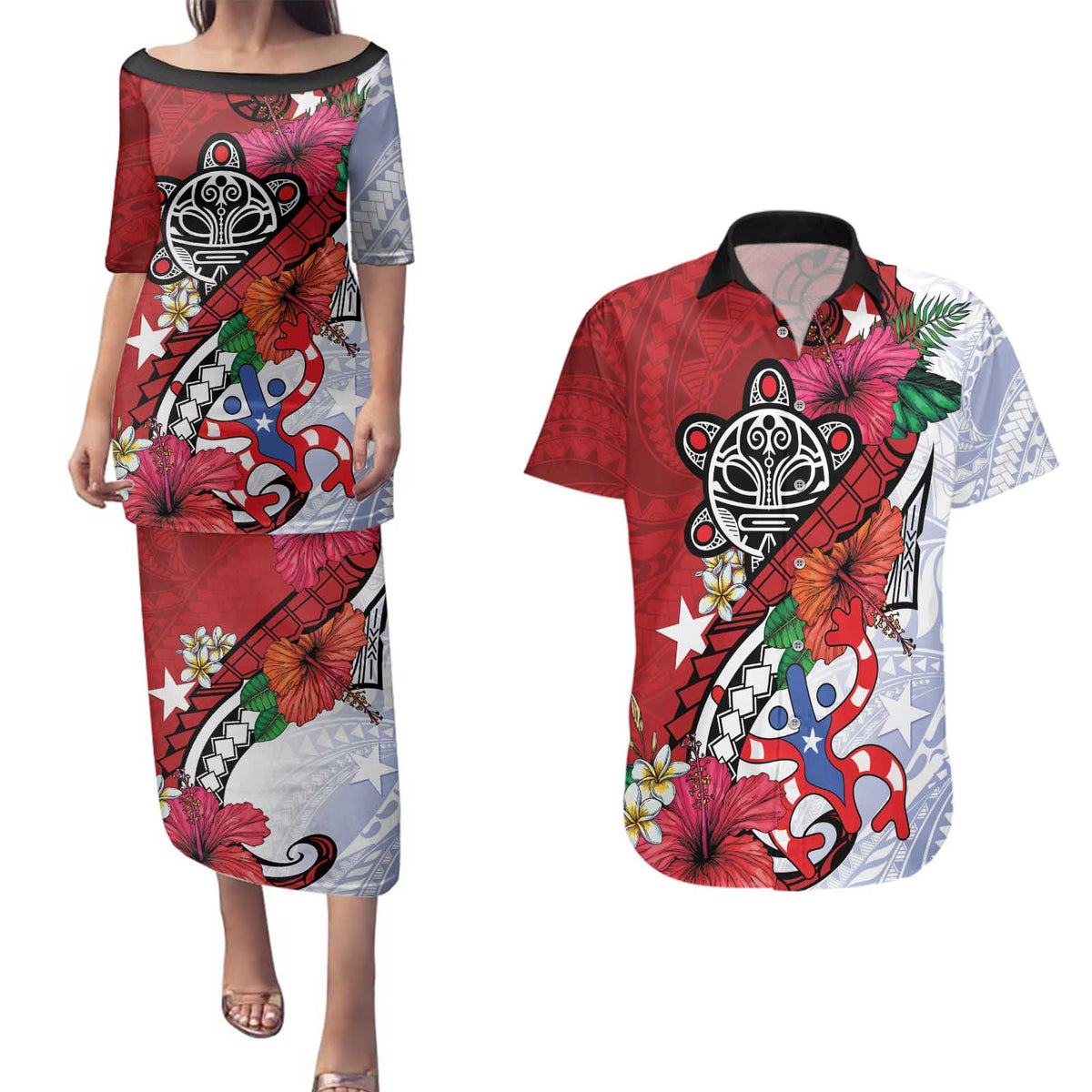 Puerto Rico Boricua Couples Matching Puletasi and Hawaiian Shirt Taino - Polynesia Tribal Mix - Wonder Print Shop