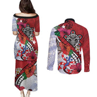 Puerto Rico Boricua Couples Matching Puletasi and Long Sleeve Button Shirt Taino - Polynesia Tribal Mix - Wonder Print Shop
