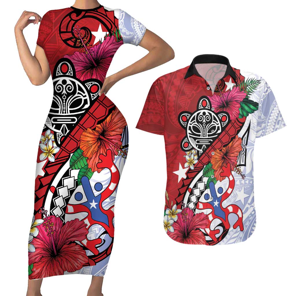 Puerto Rico Boricua Couples Matching Short Sleeve Bodycon Dress and Hawaiian Shirt Taino - Polynesia Tribal Mix - Wonder Print Shop