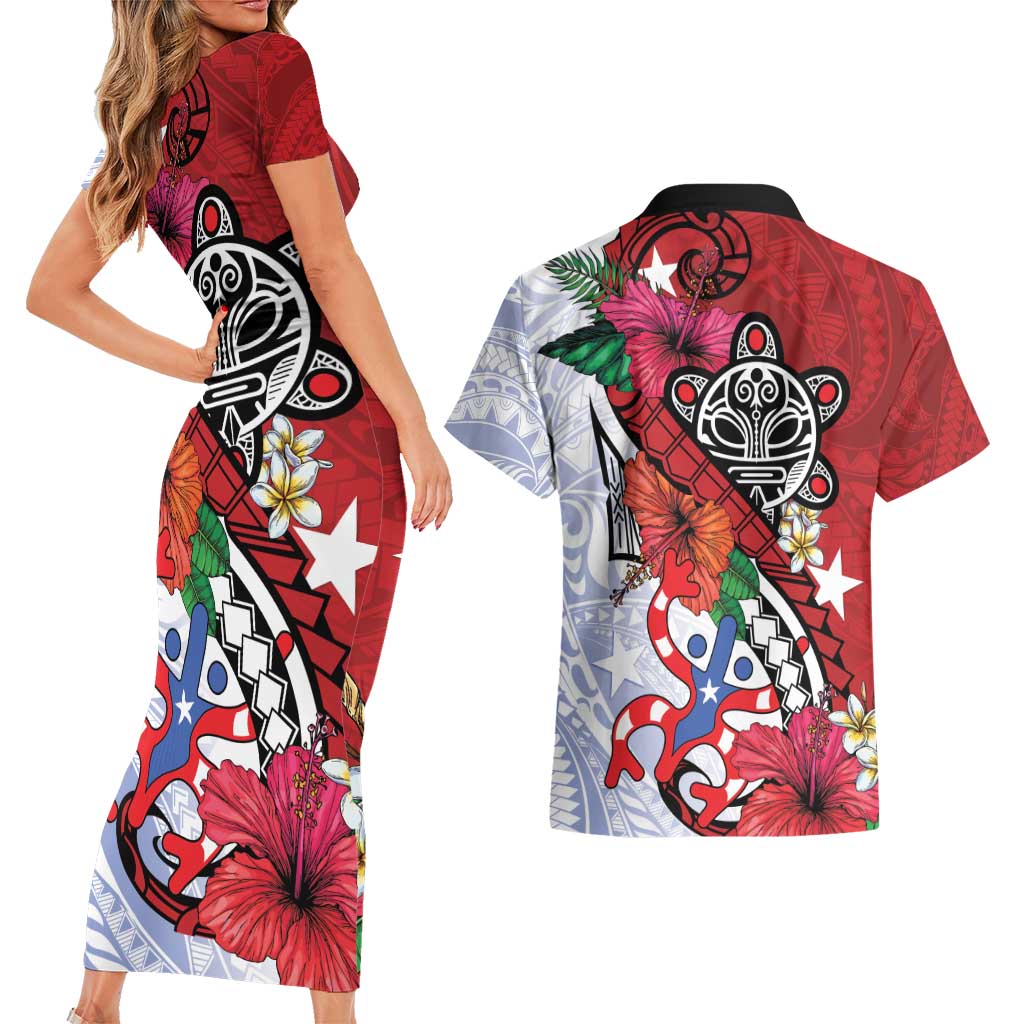 Puerto Rico Boricua Couples Matching Short Sleeve Bodycon Dress and Hawaiian Shirt Taino - Polynesia Tribal Mix - Wonder Print Shop