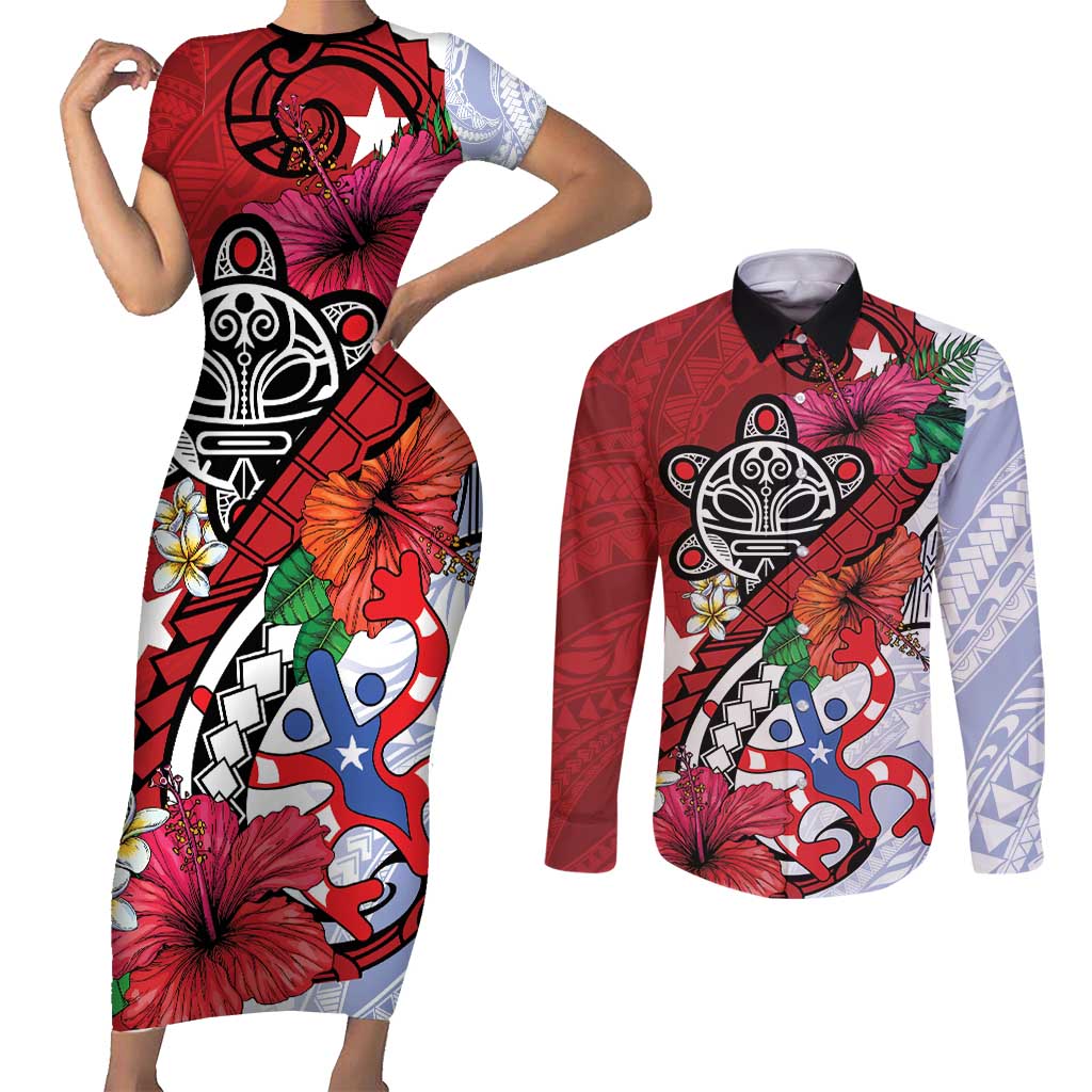 Puerto Rico Boricua Couples Matching Short Sleeve Bodycon Dress and Long Sleeve Button Shirt Taino - Polynesia Tribal Mix - Wonder Print Shop
