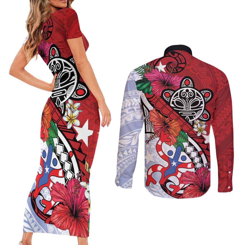 Puerto Rico Boricua Couples Matching Short Sleeve Bodycon Dress and Long Sleeve Button Shirt Taino - Polynesia Tribal Mix - Wonder Print Shop