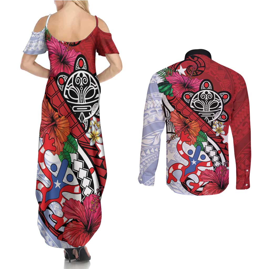 Puerto Rico Boricua Couples Matching Summer Maxi Dress and Long Sleeve Button Shirt Taino - Polynesia Tribal Mix - Wonder Print Shop