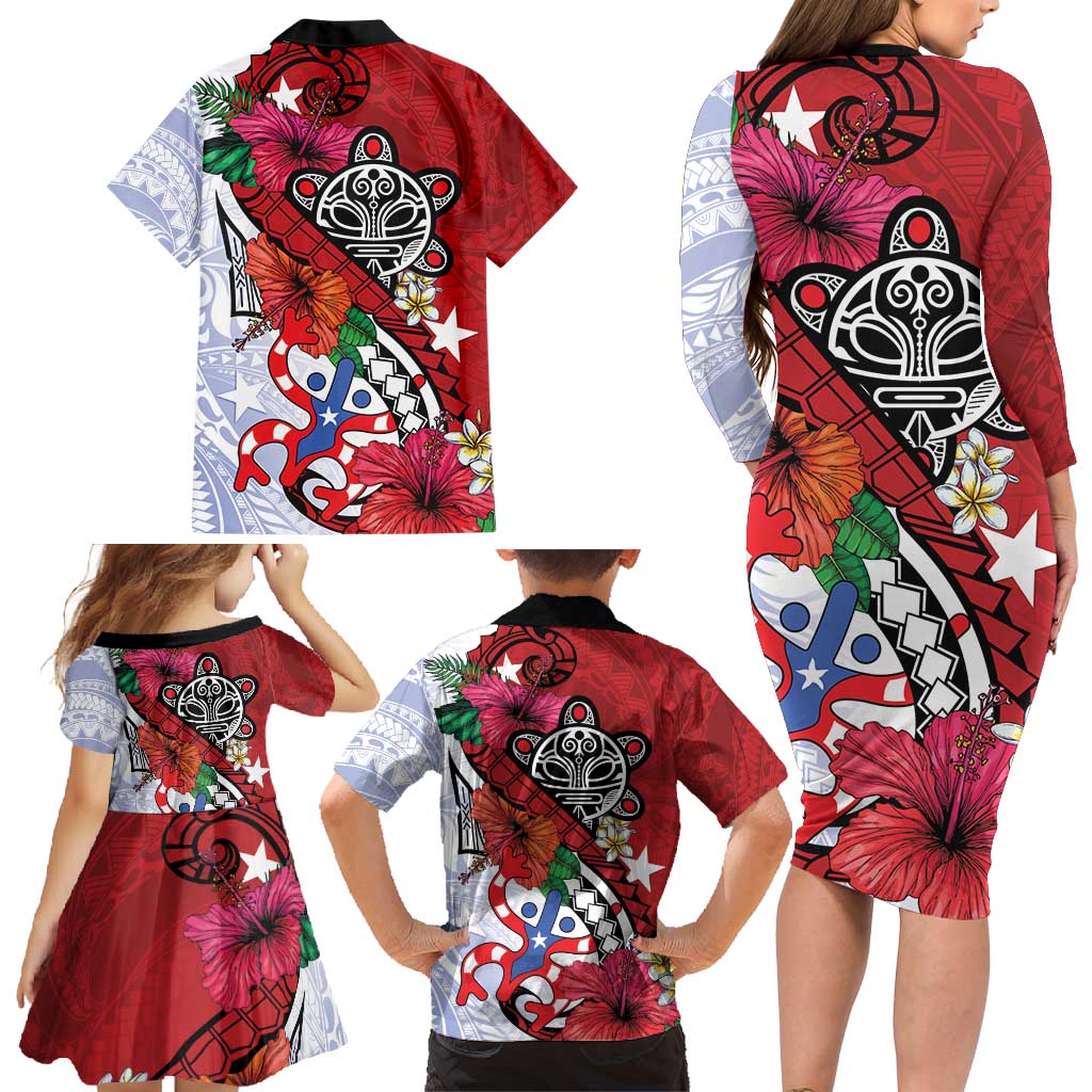 Puerto Rico Boricua Family Matching Long Sleeve Bodycon Dress and Hawaiian Shirt Taino - Polynesia Tribal Mix - Wonder Print Shop