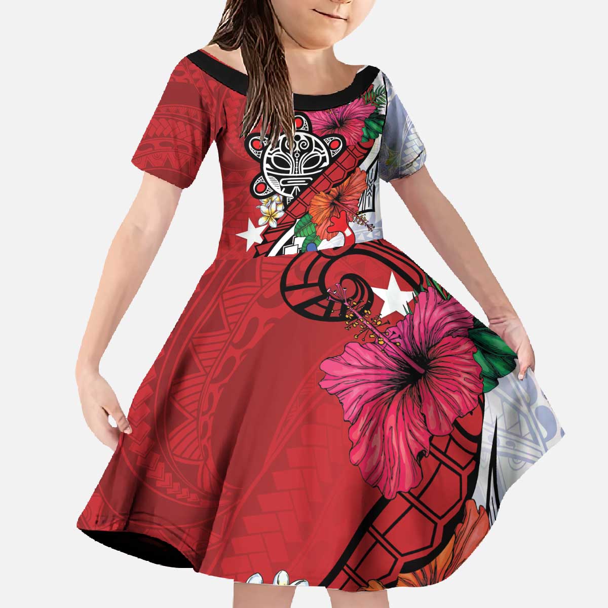 Puerto Rico Boricua Family Matching Off The Shoulder Long Sleeve Dress and Hawaiian Shirt Taino - Polynesia Tribal Mix - Wonder Print Shop