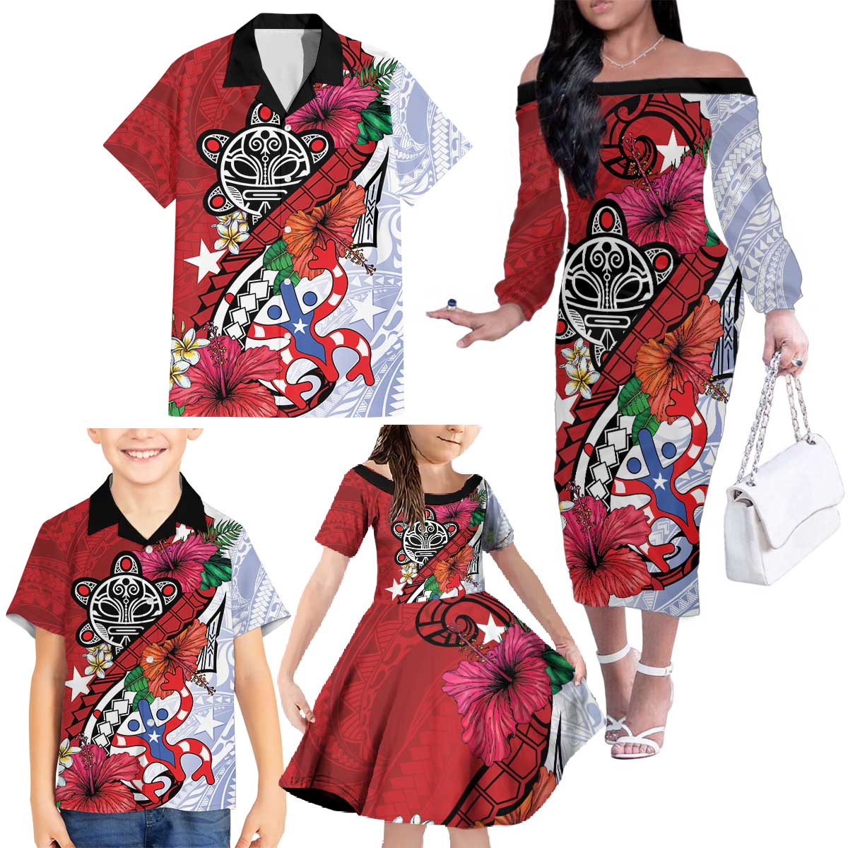 Puerto Rico Boricua Family Matching Off The Shoulder Long Sleeve Dress and Hawaiian Shirt Taino - Polynesia Tribal Mix - Wonder Print Shop