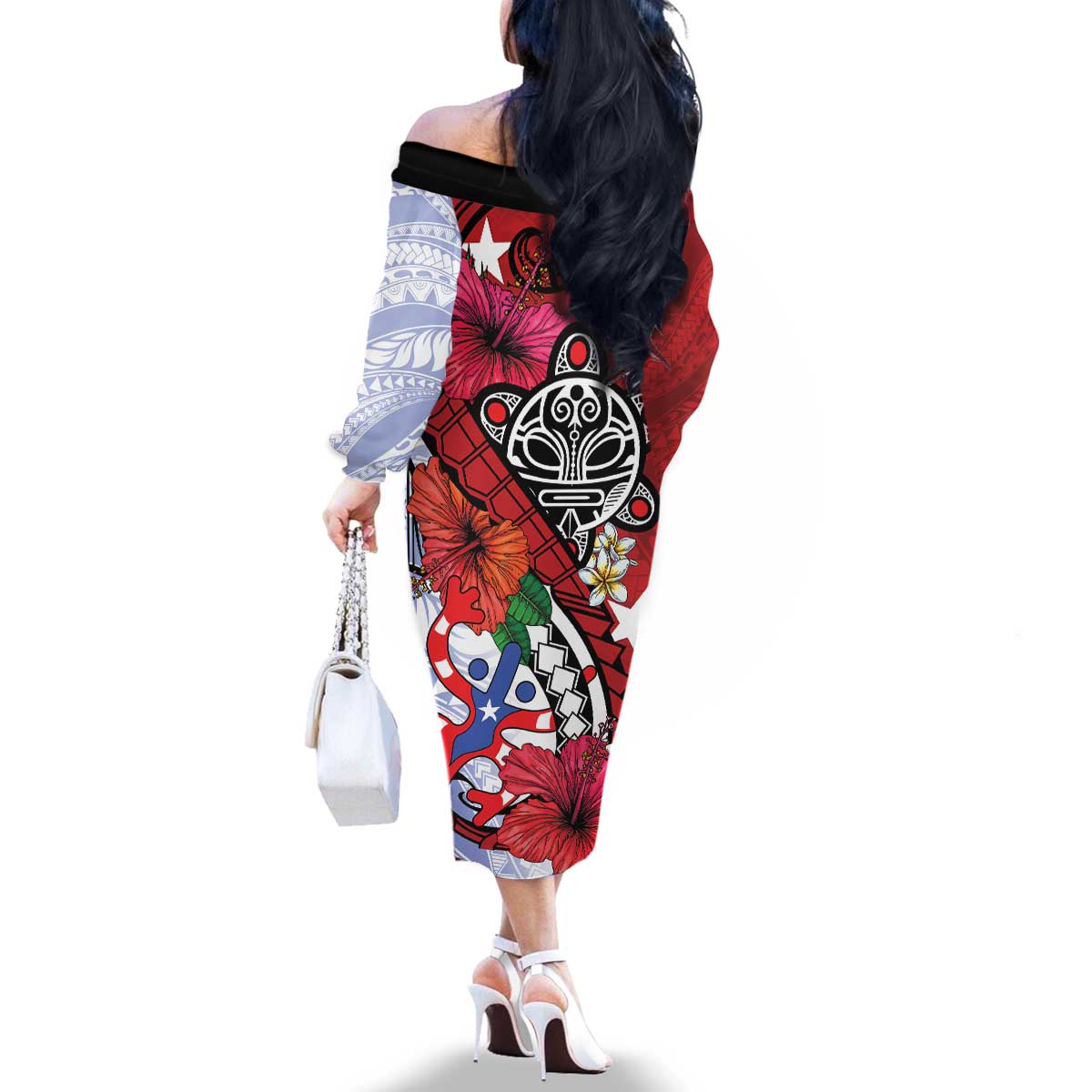 Puerto Rico Boricua Family Matching Off The Shoulder Long Sleeve Dress and Hawaiian Shirt Taino - Polynesia Tribal Mix - Wonder Print Shop