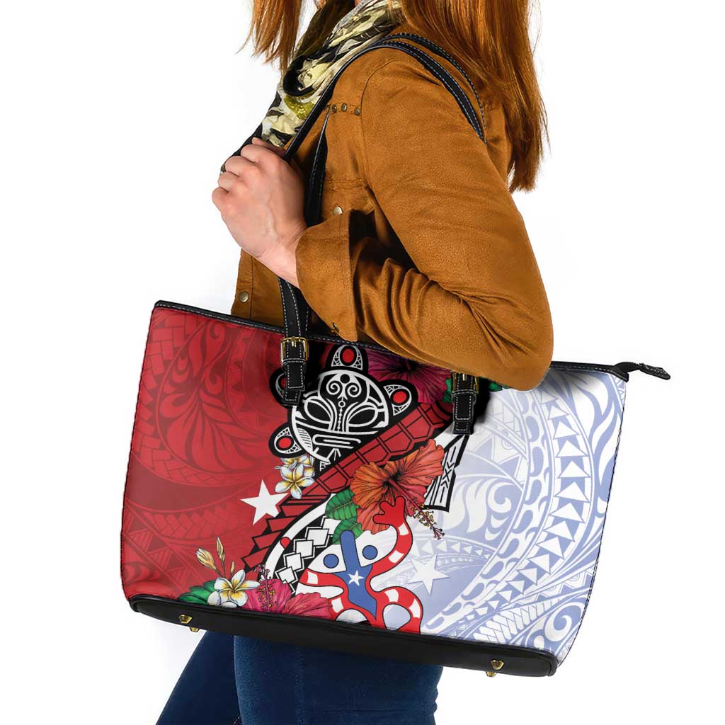 Puerto Rico Boricua Leather Tote Bag Taino - Polynesia Tribal Mix - Wonder Print Shop