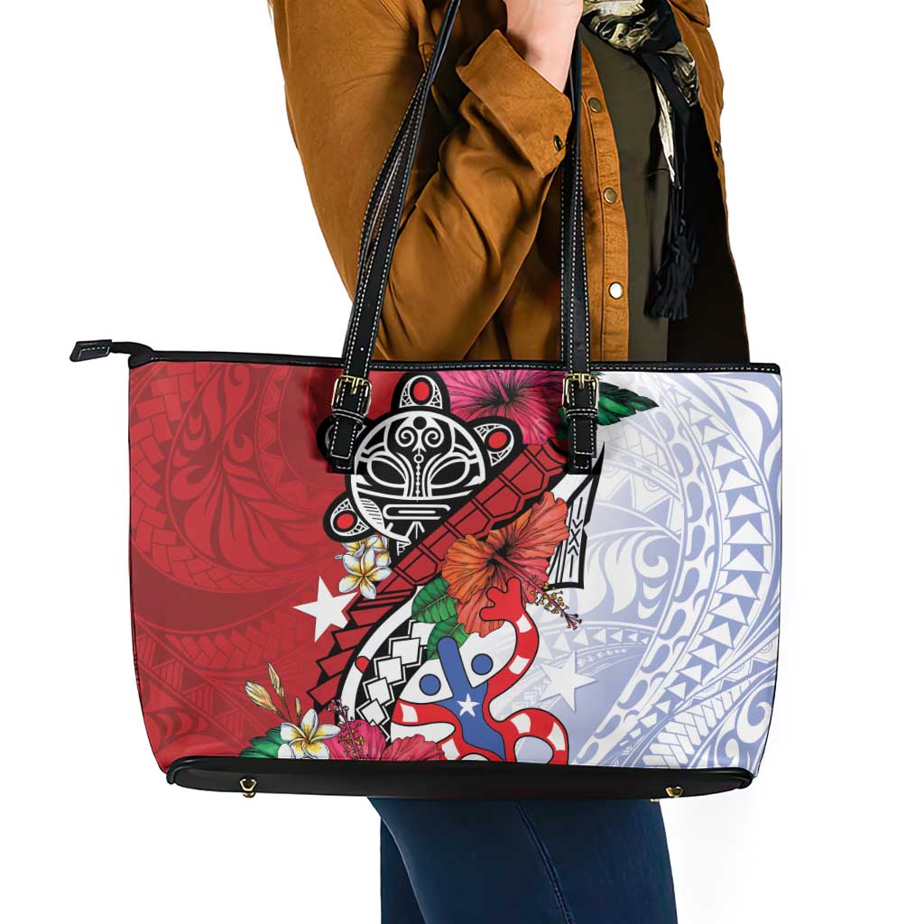 Puerto Rico Boricua Leather Tote Bag Taino - Polynesia Tribal Mix - Wonder Print Shop