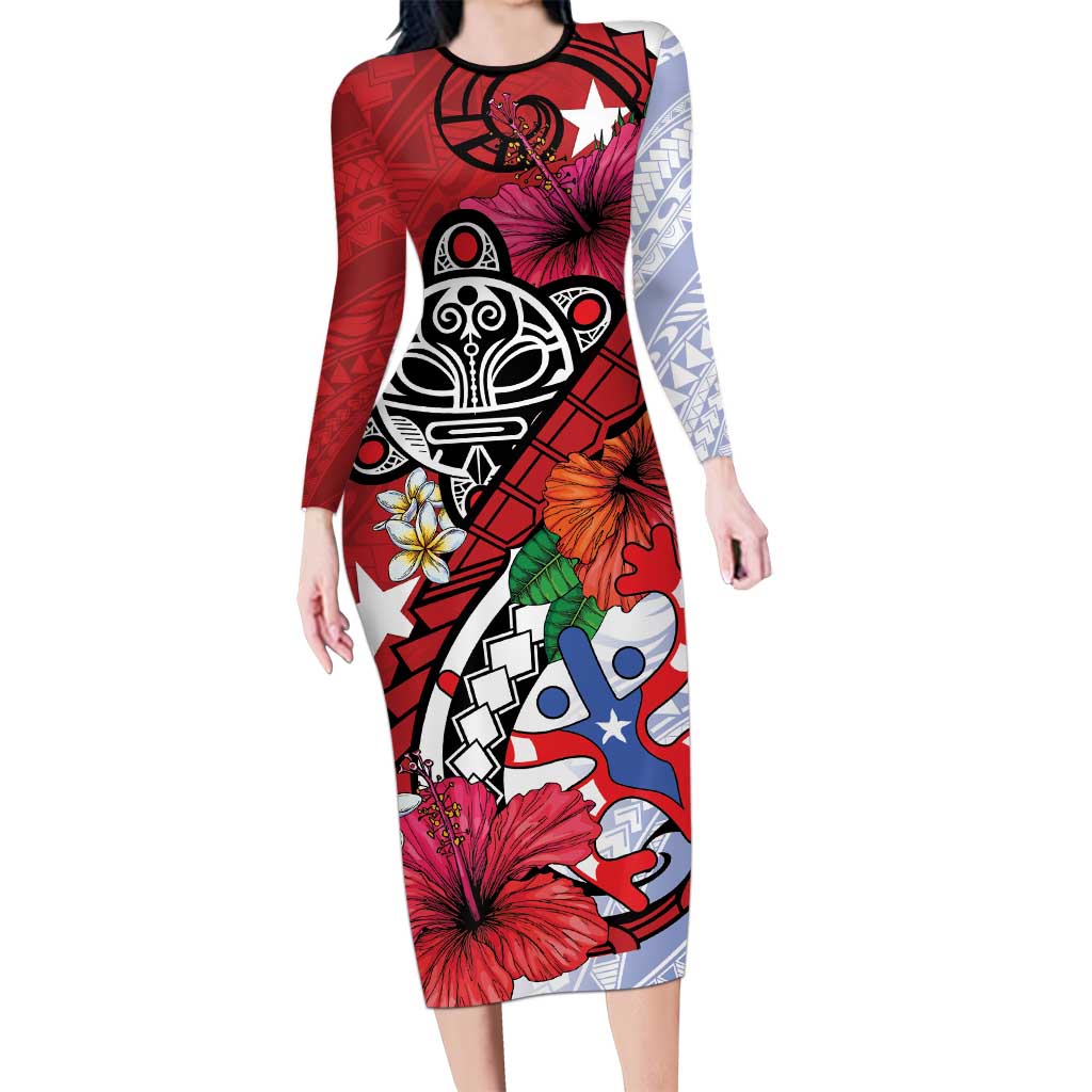 Puerto Rico Boricua Long Sleeve Bodycon Dress Taino - Polynesia Tribal Mix - Wonder Print Shop