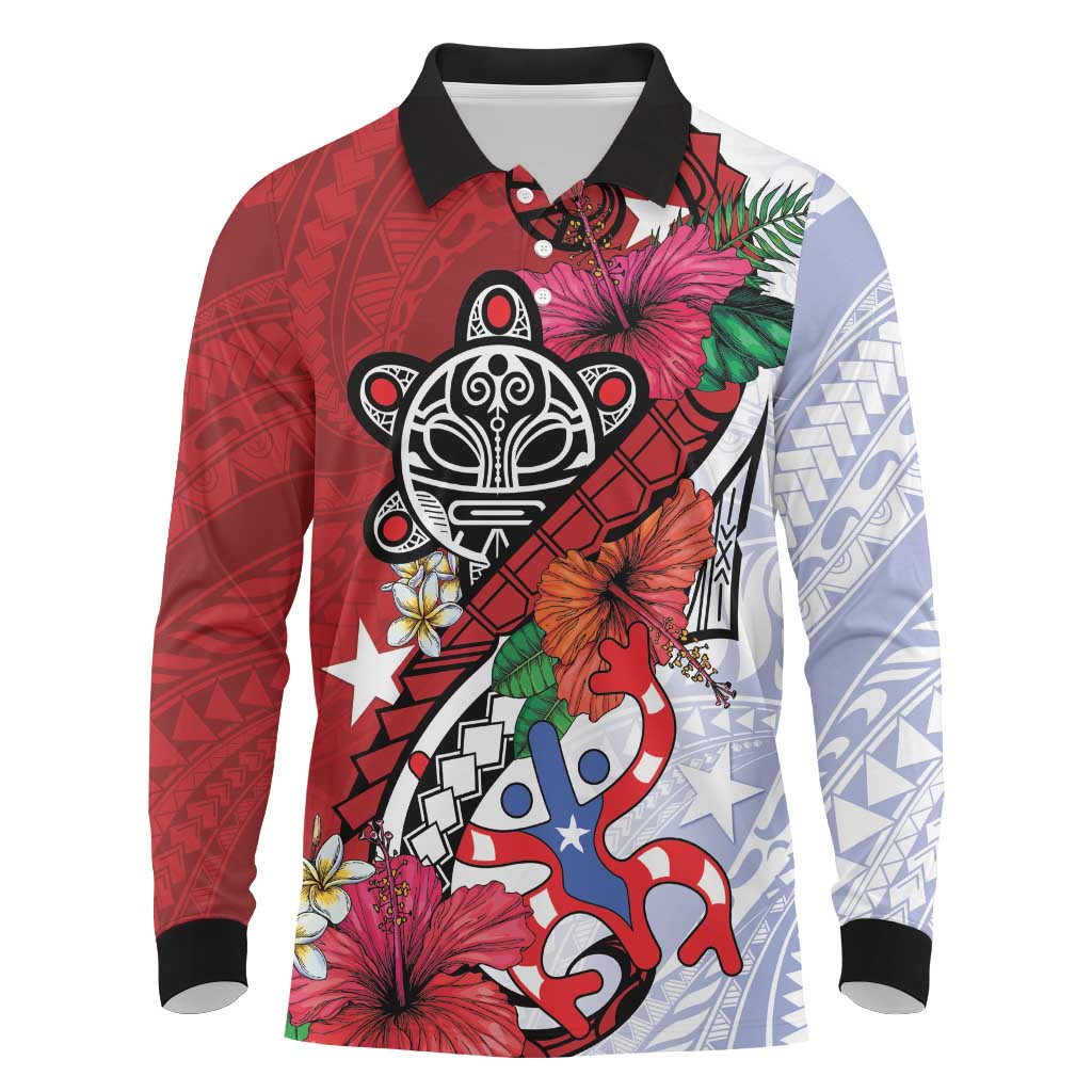 Puerto Rico Boricua Long Sleeve Polo Shirt Taino - Polynesia Tribal Mix - Wonder Print Shop